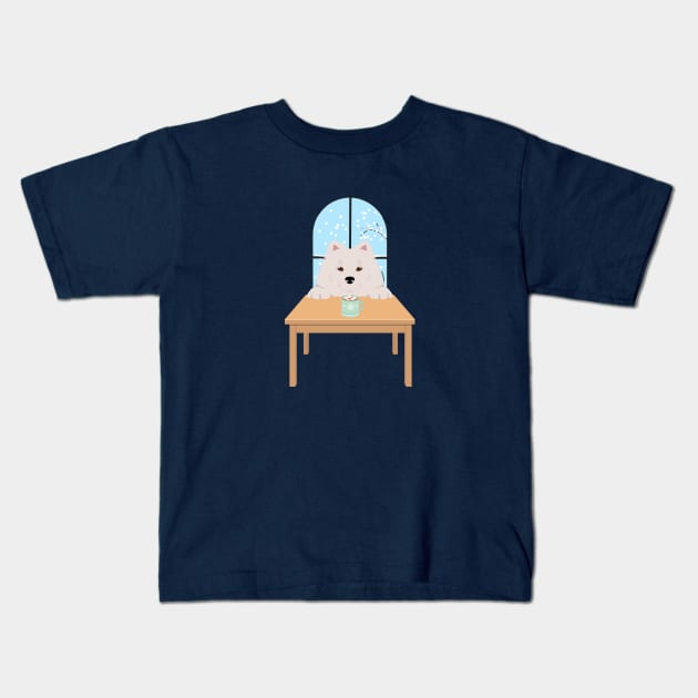 White Samoyed Dog with Winter Window and Hot Chocolate on Table Kids T-Shirt by Seasonal Dogs